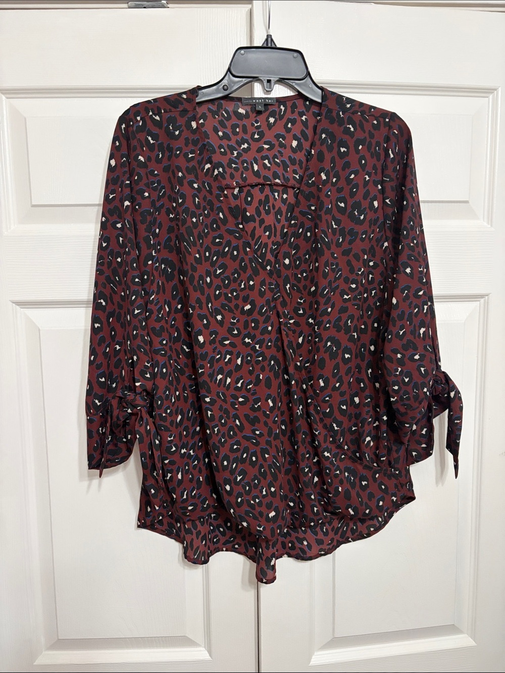 West Kei Burgundy Leopard Print Tie-Sleeve Blouse
